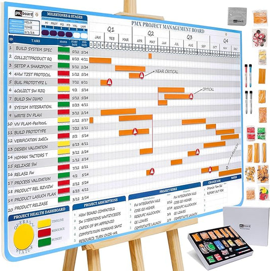 PMXBOARD Gantt Chart Project Whiteboard Kit | 668 Magnetic Pieces and Easel | Visual Timeline, Risks & Critical Path Planning | Ultimate Project Management Board for Teams