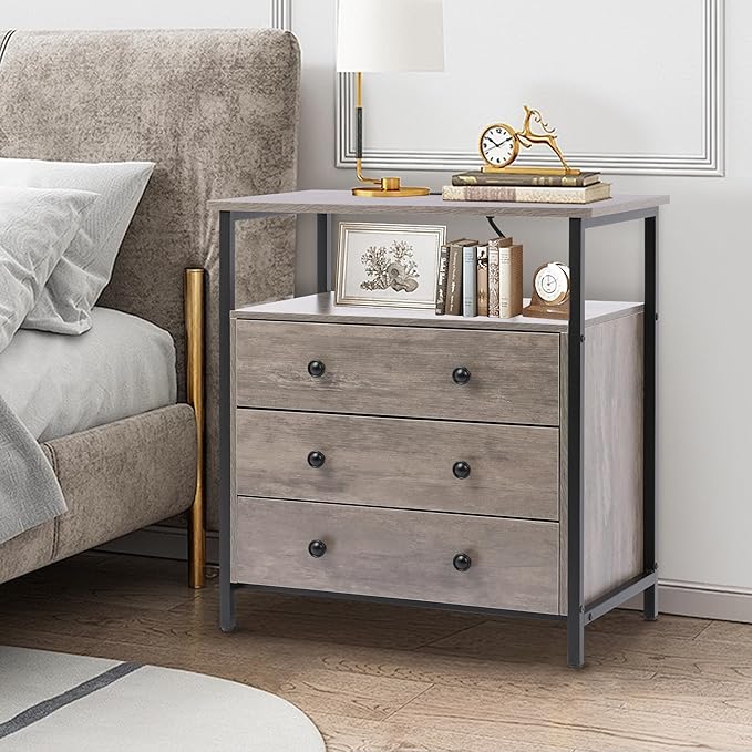 Edbuosy 3 Wooden Drawers Nightstand, 27 Inch Wide Night Stand Set 2 with Charging Station and Adjustable Drawers, Small Dresser for Closet, Bedside Table for Living Room/Bedroom/Office, Gray.
