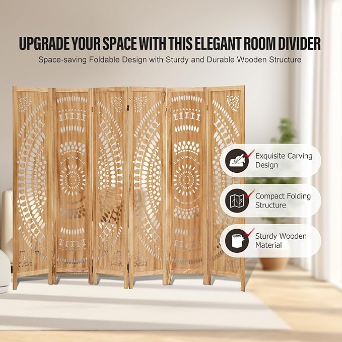 ALeesing 6 Panel Wood Room Divider Fully Assembled, Decorative Room Dividers and Folding Screens, 5.6Ft Room Divider Screen Freestanding Partition Wall Dividers for Home Bedroom Office, Light Brown