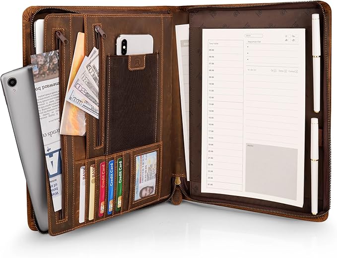 Full Grain Leather Portfolio with Zipper, Professional Business Organizer for Men Women, Executive Resume Folder with A4 Notepad Holder, Card Slots, Pen Loop, 10x13'', Luxury Gift Set