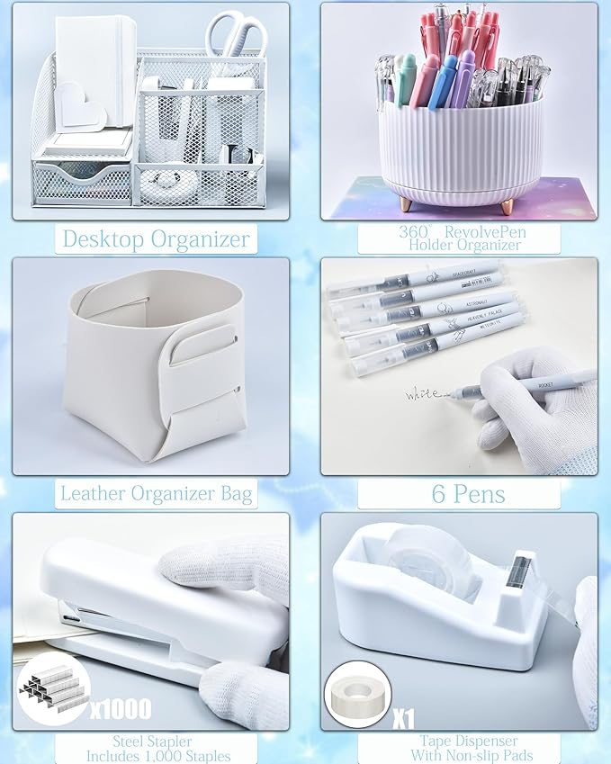 LXEVIHK 20Pcs White Desk Organizers and Accessories With Mesh Desk Organizer and 360°Rotating Pen Holder and a Lot of Office White Office Supplies Beautifully Presented in a Gift Box