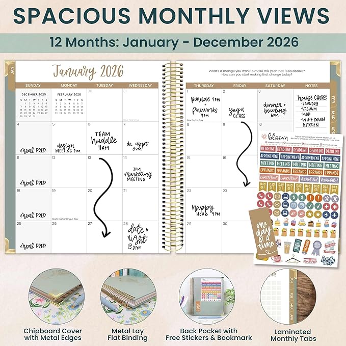 bloom daily planners 2026 Hardcover Calendar Year Goal & Vision Planner (January to December) - Monthly & Weekly Agenda Organizer - 7.5" x 9" - Green Linen