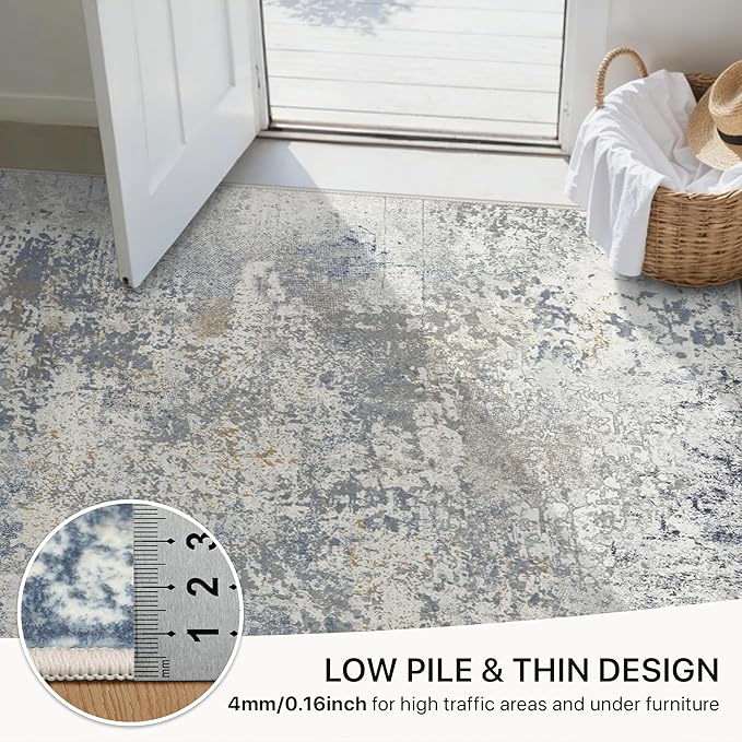 GENIMO Washable Area Rugs for Living Room, 8x10 Modern Non Slip Rugs, Low Pile Lightweight Soft Print Rug for Bedroom, Dining Room, Home Office,Washed Sky Blue