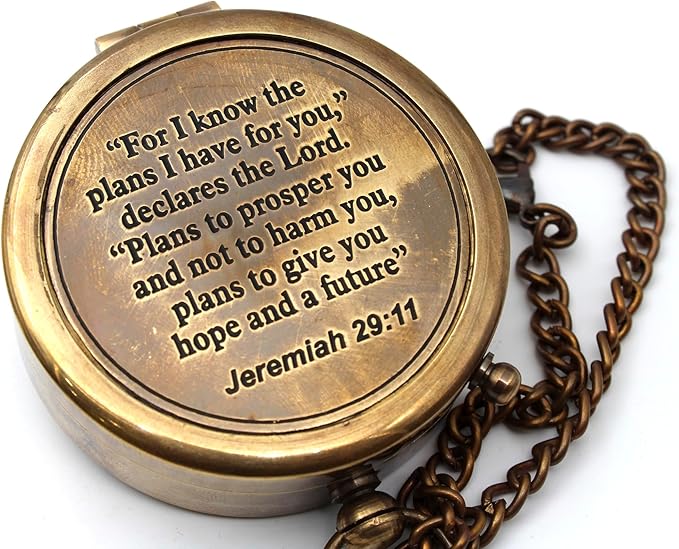 US HANDICRAFTS “for I Know The Plans I Have for You” Engraved Brass Compass – Jeremiah 29:11 Scripture Compass with Wooden Case – Christian Gift for Men, Boys, Baptism, Confirmation & Graduation