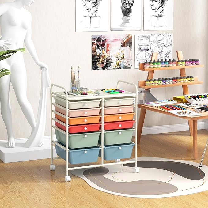 LDAILY 12 Drawer Rolling Storage Cart, Craft Cart Organizer on Wheels w/Metal Frame, Large Capacity & Smooth Drawer, Rolling Cart w/Drawers for Classroom, Office