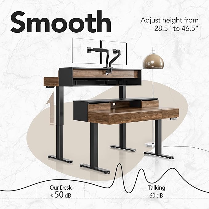 HUANUO Standing Desk with Drawers, 48 Inches Electric Height Adjustable Desk with Storage, Whole-Piece Board Sit Stand Up Desk with Monitor Shelf, Black Walnut
