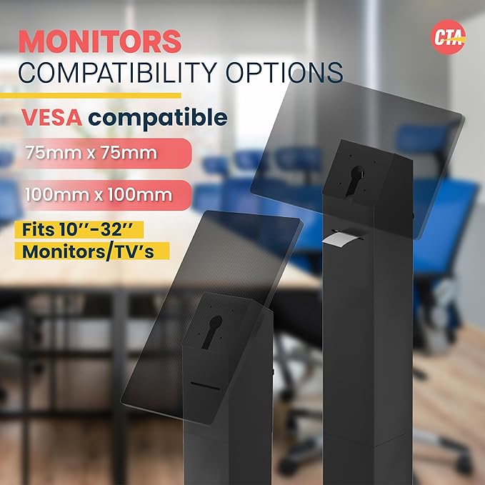 CTA Digital Kiosk with Printer Shelf VESA Compatible Floor Stand Kiosk with Enclosed Printer Storage & Cable Management for Retail POS - Ordering Screens & More - Black (PAD-PARAFP)