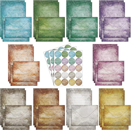 TaoBary 160 Pcs Stationery Paper Set 50 Double Sided Stationery Papers with 50 Matching Envelopes and 60 Round Dot Sticker, 10 Design (Vintage,8.25 x 5.5 Inch)