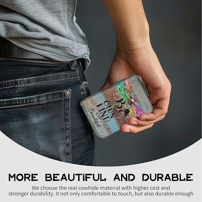 BWEGRHE Cute Credit Card Holder with Zipper, Dragonfly Glitter Wood RFID-Blocking Card Case Small Wallet for Women Men, Multi-slot Card Organizer Case Travel Accordion Wallet