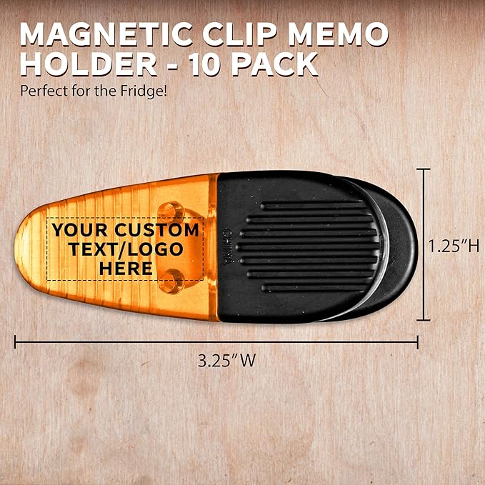 10 Magnetic Memo Holders Set - Customizable Text, Logo - Large Clip, Plastic - Orange