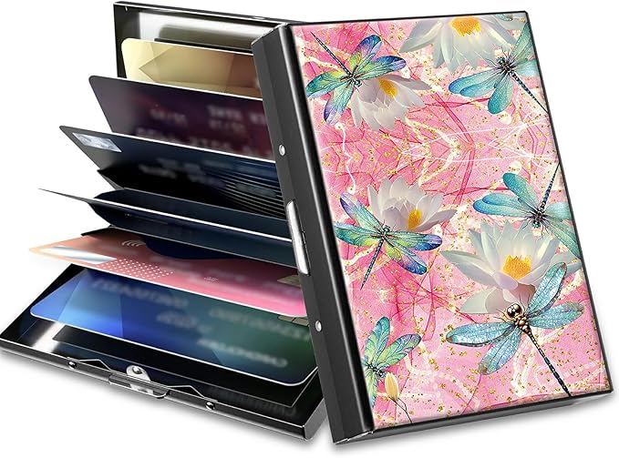 BWEGRHE Slim Credit Card Holder, Pink Dragonfly RFID Blocking Metal Wallet for Men & Women, Aluminum Minimalist Hard Case Pocket-Sized Business Cards Organizer (Fits Up to 10 Cards)