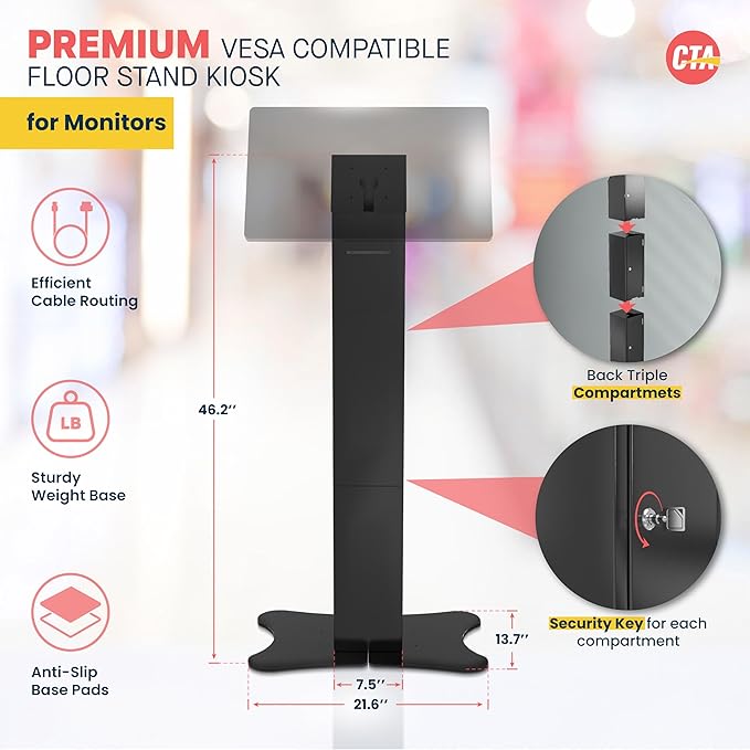 CTA Digital Kiosk with Printer Shelf VESA Compatible Floor Stand Kiosk with Enclosed Printer Storage & Cable Management for Retail POS - Ordering Screens & More - Black (PAD-PARAFP)