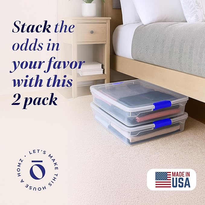 HOMZ 2-Pack Under Bed Storage, Clear Plastic Containers with Lids, 56 Quart, Blue Latch - Stackable Underbed Organizer Bins for Shoes, Bags, Clothes, and Towels
