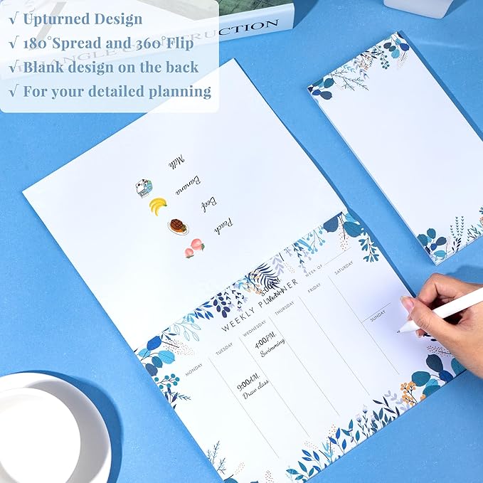 Weekly Planner Notepad Tear Off Set of 2 Weekly Calendar Pad 52 Undated To Do List Notepad Sheets Desk Planner Planning Pads Productivity Tracker for Work Goals Notes Schedule Ideas, Floral Blue