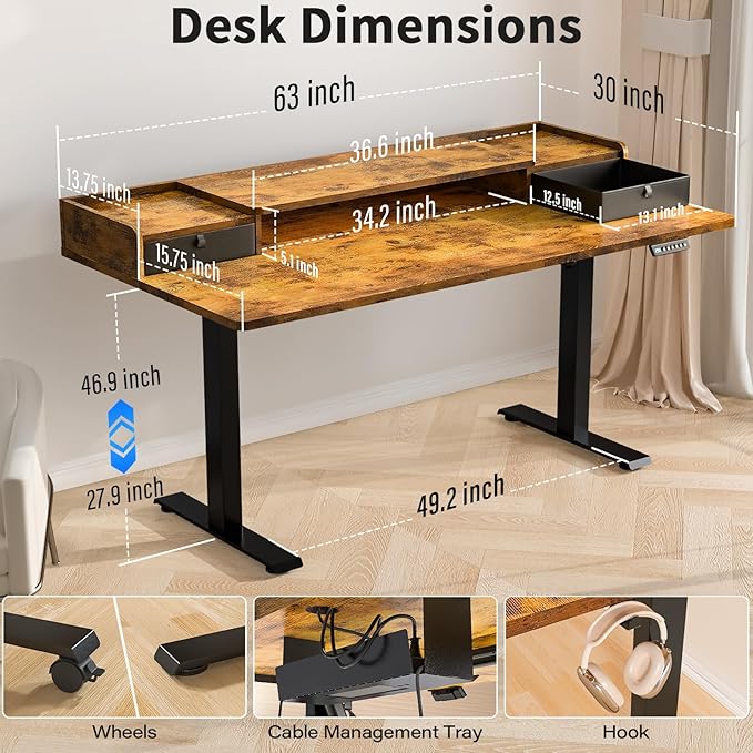 Kingant 63 x 30 Inch Electric Standing Desk with Dual Drawers, Adjustable Height Computer Desk for Home Office, Large Workstation Sit Stand Up Desk with Built-in Storage Shelf, Rustic Brown