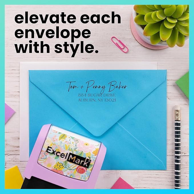 ExcelMark Address Stamp - Custom Return Address Stamp with Elegant Designs, Vibrant Colors & Patterns – Perfect for Mail, Invitations & Gifts (Violet Mount, Santa Catalina)