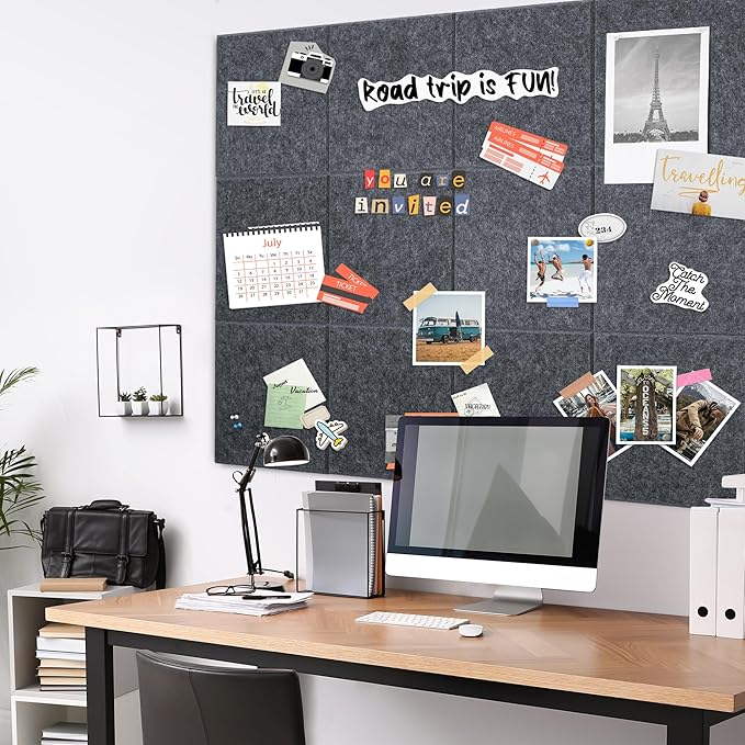 AKTOP Cork Board Bulletin Board 47"x35", 12 Pack Removable Felt Cork Board Tiles for Wall, Large Corkboard Notice Pin Board for Office, School & Home, 48 Safe Adhesive Tabs, 20 Push Pins, Dark Grey