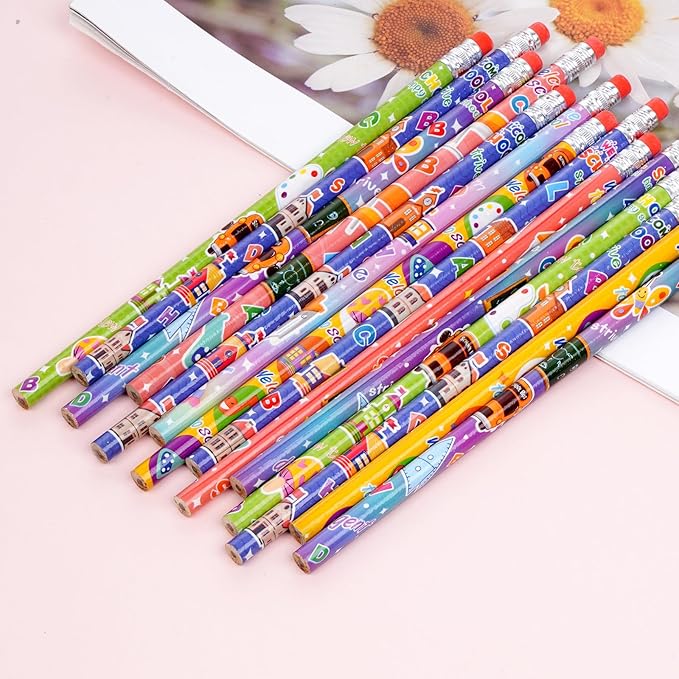 Rbenxia 48PCS Wooden Pencils with Erasers Assortment Colorful Novelty Pencils Awards Incentives for Classroom School Supplies Giveaways Party Favor (Welcom Back to School)