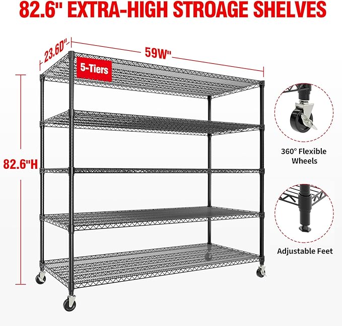 MilleLoom 82" H Storage Shelves with Wheels, 5-Tier Metal Shelving Unit Load 3300LBS Capacity, Adjustable Wire Shelf Rack w/Feets, Heavy Duty Storage Shelving for Garage Pantry Rooms, 59" W X 24" D
