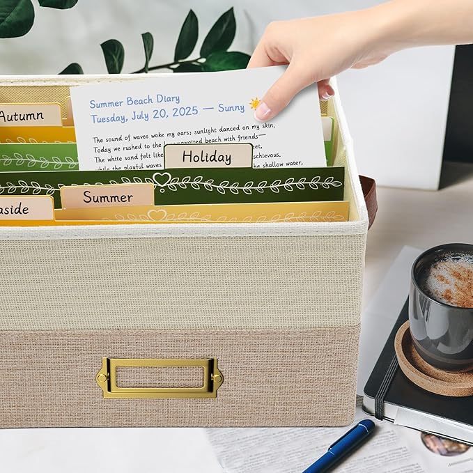 Vienrose Greeting Card Organizer Box with 20 Removable Dividers, 84 Self-Adhesive Labels, Foldable Storage Box Great for Greeting Cards, Photos, Envelopes, Stickers, Postcards Beige&Khaki