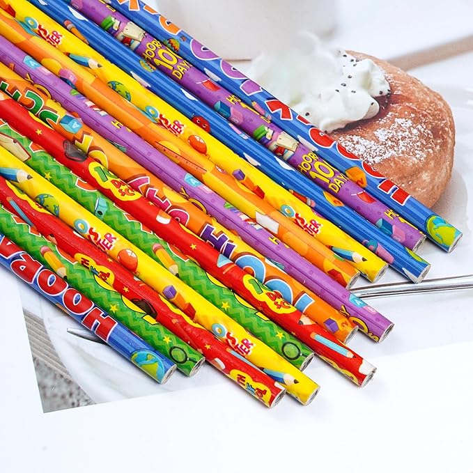 Rbenxia 48PCS 100th Days Wooden Pencils with Erasers Assortment Colorful Novelty Pencils Awards Incentives for Office Supplies Giveaways Favor