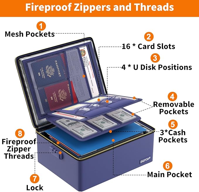 ENGPOW Fireproof Document Box, Hard Fireproof Box with Fireproof Zipper＆Lock, 6400°F Heat Insulated Fireproof Water Resistant File Organizer Storage Box Safe for Important Documents,Valuable,Blue