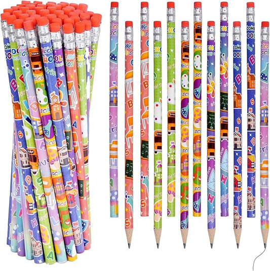 Rbenxia 48PCS Wooden Pencils with Erasers Assortment Colorful Novelty Pencils Awards Incentives for Classroom School Supplies Giveaways Party Favor (Welcom Back to School)