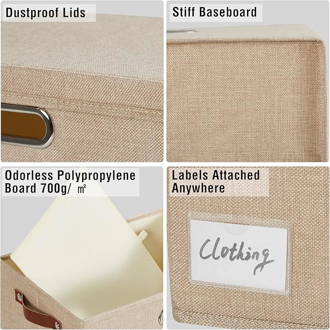 Roobyl 17" Large Collapsible Storage Bins with Lids, Stackable Closet Organizers with PU Handle and Labels, 3-Pack Decorative Fabric Storage Boxes for Home, Bedroom, Closet, Office, Nursery(Khaki)