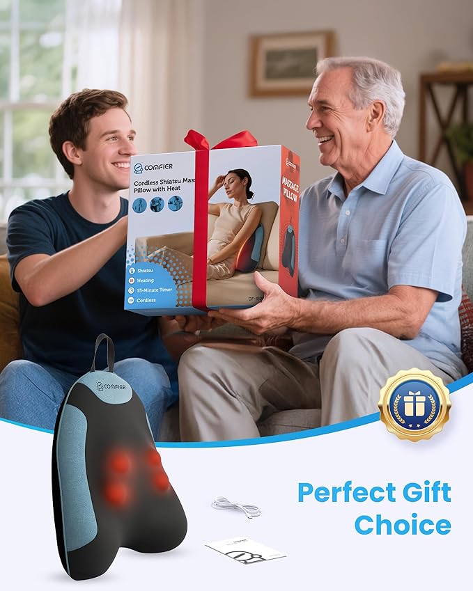 COMFIER Cordless Back Support Pillow for Office Chair, Lower Back Massager with Heat, Shiatsu Back Support Cushion, Rechargeable & Portable for Office, Home Use, Gift for Women