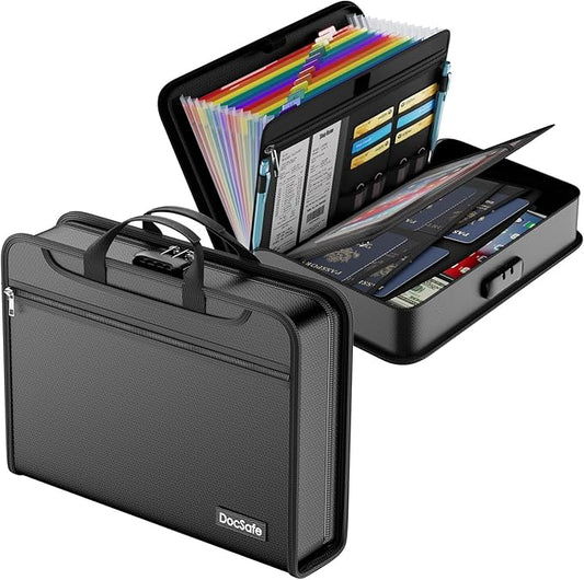 DocSafe Accordion File Organizer Bag with Lock, Fireproof Water Resistant Expanding File Folder with Multi Colorful Pockets,Document Organizer Safe Storage for Important Documents and More, Black