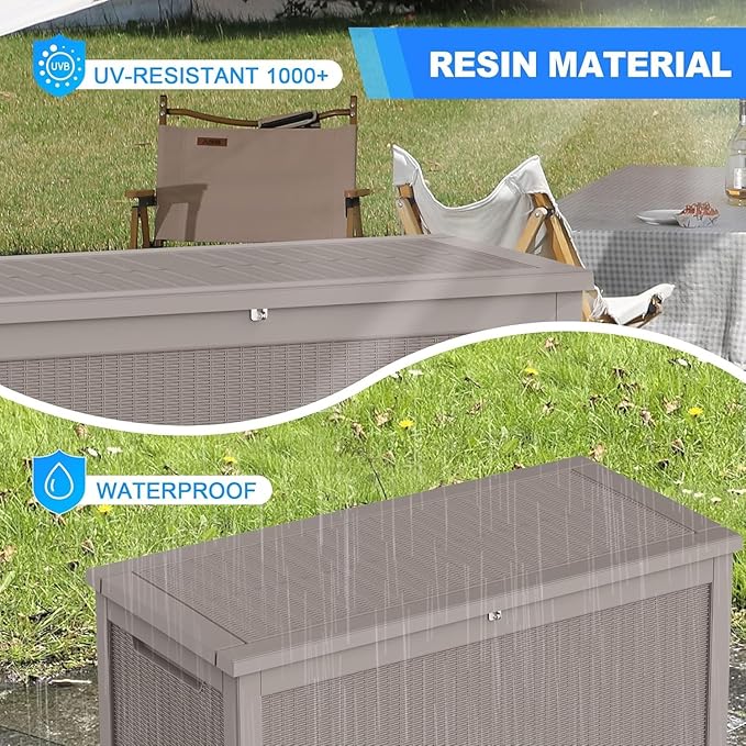 PATIOEASY Outdoor Storage Box 320GAL Waterproof Resin Deck Box,UV-Resistant Lockable Delivery Bin for Garden Tools,Large Patio Outside Cushions,Pool Accessories Supplies,Chest,Furniture,Package,Grey