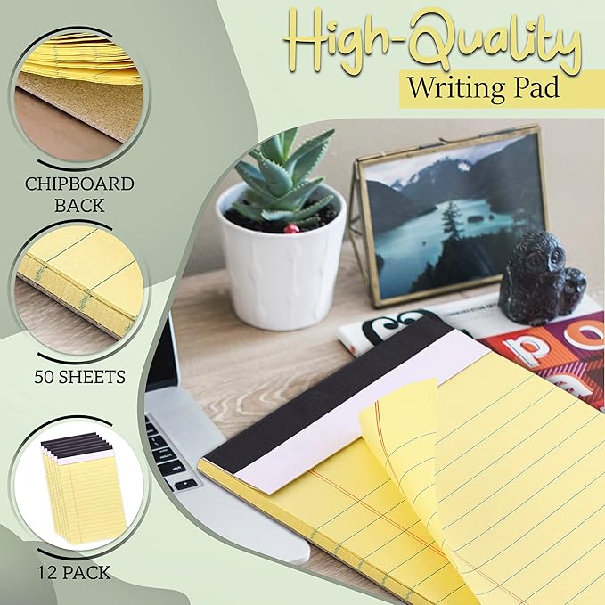 Emraw Jr. Legal pad, Small Note Pads Legal Ruled Writing Pad. Perforated Edge. 5" X 8" Canary Yellow, Universal, 50 sheets per Pad (Pack of 12)