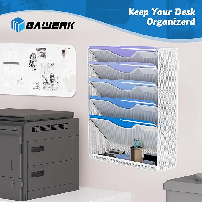 Gawerk 6 Tier Hanging File Organizer, Mesh Wall File Holder Paper Folder Rack with Bottom Flat Tray for Office Home, White