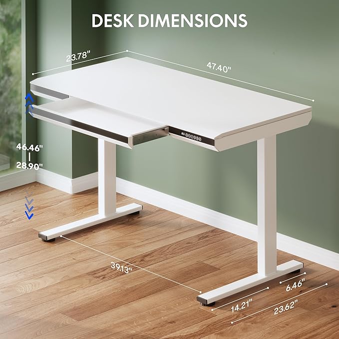 FLEXISPOT One-Piece 48" Standing Desk with Acrylic-Front Drawer, Fast-Assembly Ergonomic Sit-to-Stand Desk with MDF Top, 4 Height Memory Presets Touch-Control, Home Office Computer Workstation, White