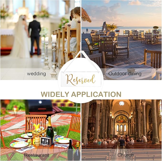 Blulu 6 Pcs Reserved Signs for Wedding Chairs Acrylic Tag Hanging with Ribbon for Wedding Reserved Signs for Important Events Church Pews Chair and Restaurant(Gold)
