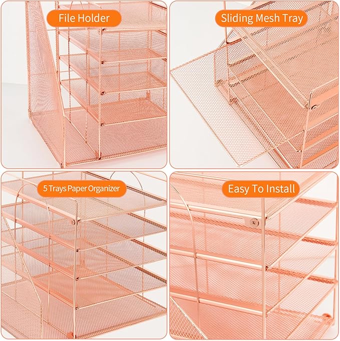 LEKETREE Desk Organizers and Accessories, 5-Tier Paper Letter Tray Organizer with File Holder, Desktop Organizer for Office Supplies (Rose Gold)
