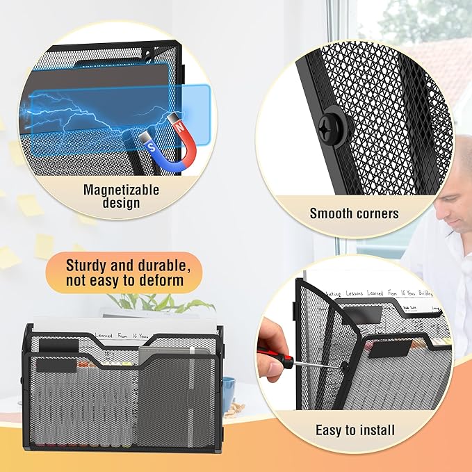 Docnest 2 Tier 3 Pack Magnetic Wall Mounted File Holders,Mesh Letter Organizer, Magnetic Hanging Mail Paper Document Organizer for Office, Home, School, Black