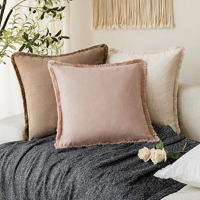 Foindtower Set of 2 Decorative Linen Fringe Throw Pillow Covers Boho Farmhouse Cushion Cover with Tassels Soft Accent Pillowcase for Couch Chair Sofa Bed Living Room Home Decor,18×18 Inch,Light Pink
