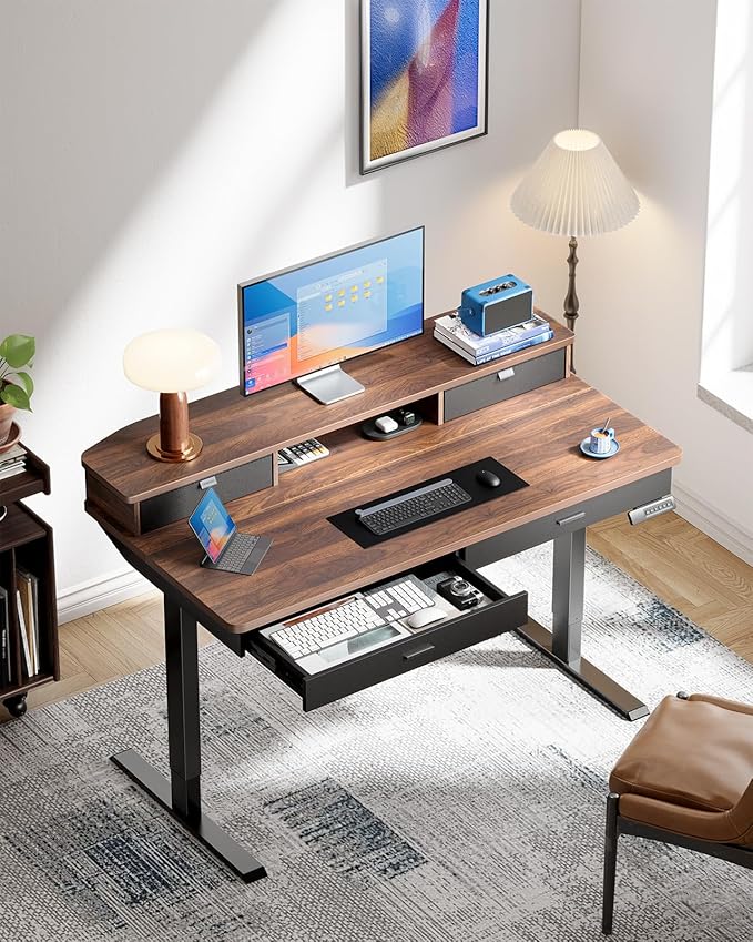 HUANUO 48 x 30 inch Electric Standing Desk with 4 Drawers, Adjustable Height Sit Stand Home Office Desk with Two Tiers, Ergonomic Adjustable Stand up Desk C-Clamp Monitor Mount Compatible, Walnut