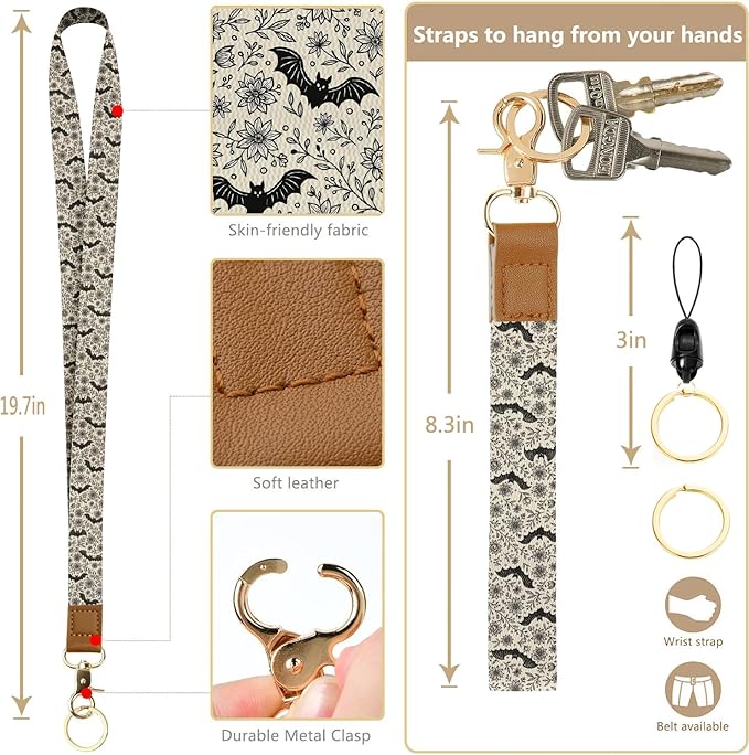 bolimoss Bat Lanyard Wallet Badge Holder PU Leather RFID Keychain Wallet with Breakaway Neck Wristlet Lanyard Zipper Pocket, Slim Credit Card Holder with Key Ring Phone Holder for Teacher Nurse Women