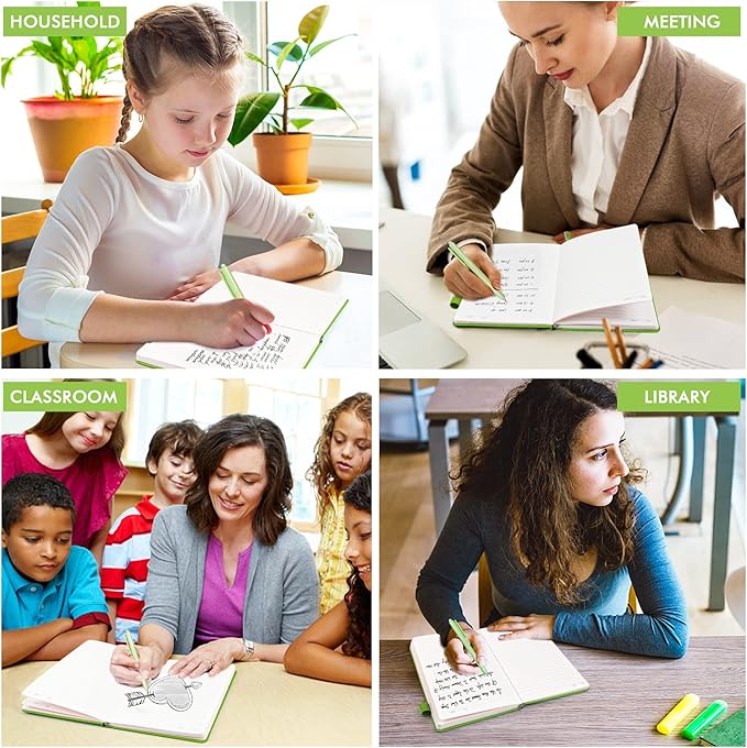 feela 5 Pack Notebooks Journals Bulk, Hardcover Notebook Classic Ruled Lined Journals with Pen Holder for Women Girls School Business Supplies, with 5 Black Pens, 120 GSM, 5.1”x8.3”, A5, Green