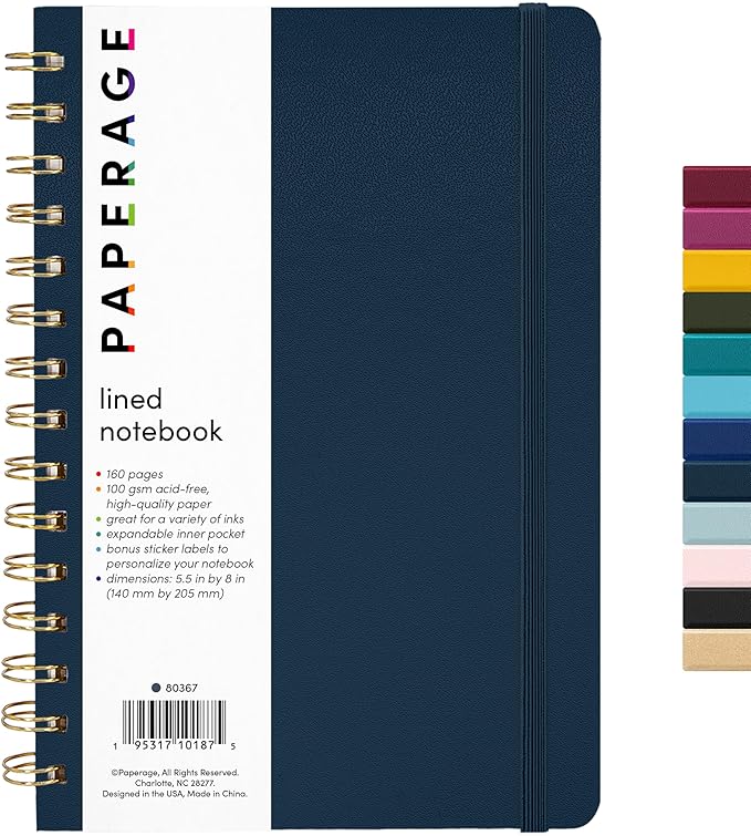 PAPERAGE Lined Spiral Journal Notebook, (Navy), 160 Pages, Hardcover Journal for Women & Men, Medium 5.5 in x 8 in - 100 GSM, Thick Paper, Spiral Notebook for Work, School & Journaling