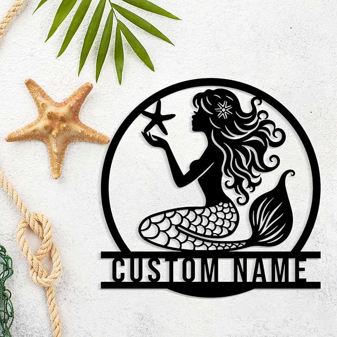 Custom Mermaid Metal Sign,Personalized Mermaid Name metal Signs,Mermaid Wall Decor,Beach Theme Decor, Girls Mermaid Room Decor,Metal Wall Decor (Style-1)