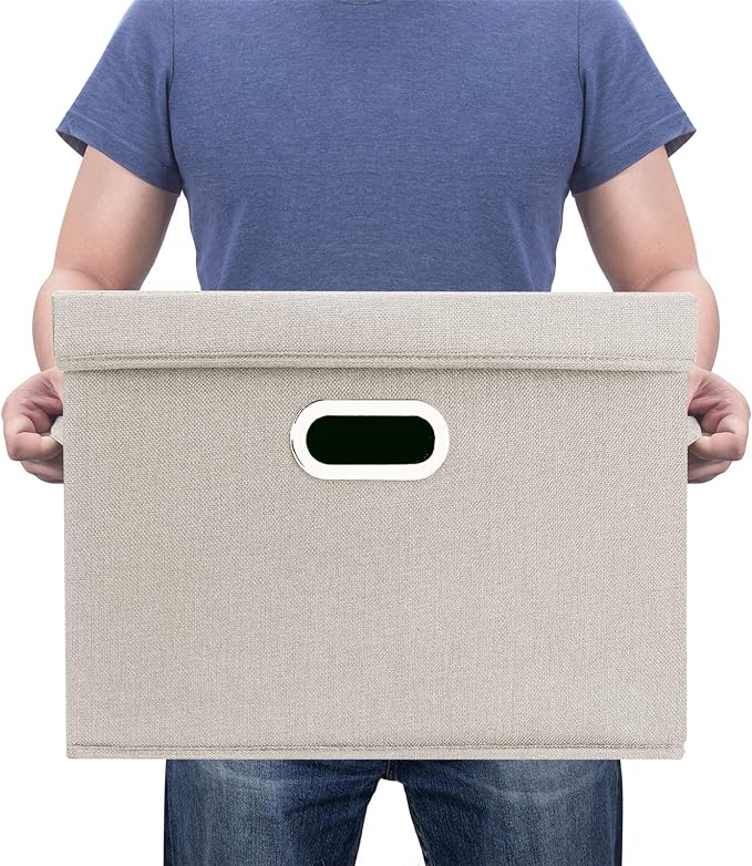 TYEERS Large Storage Bins with Lids, Collapsible, Washable, Fabric Storage Boxes for Organizing, 17.3x11.8x11.4 inches, 5 Pack, Beige