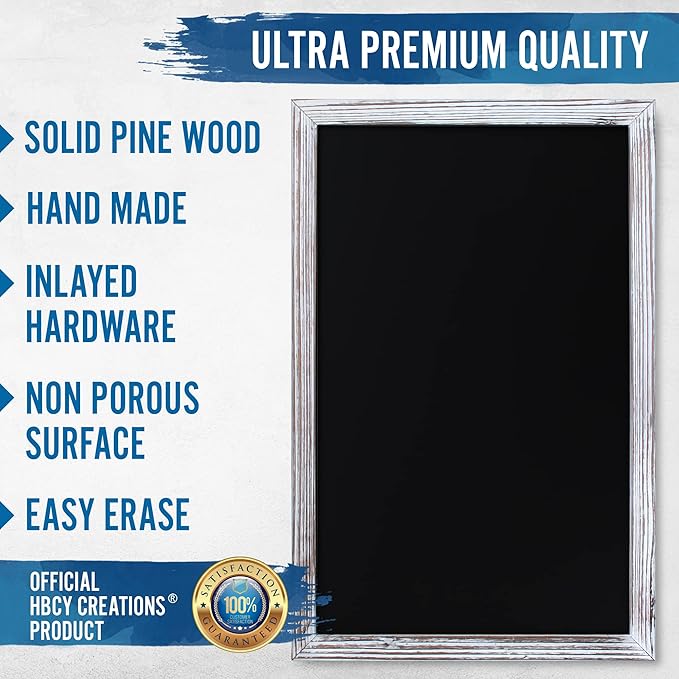 HBCY Creations 11" x 17" Whitewash Solid Wood Frame Wall Chalkboard, Magnetic Surface, Home Décor, Restaurant & Café Menus, Blackboard, Includes Chalk, Eraser & Hanging Hardware