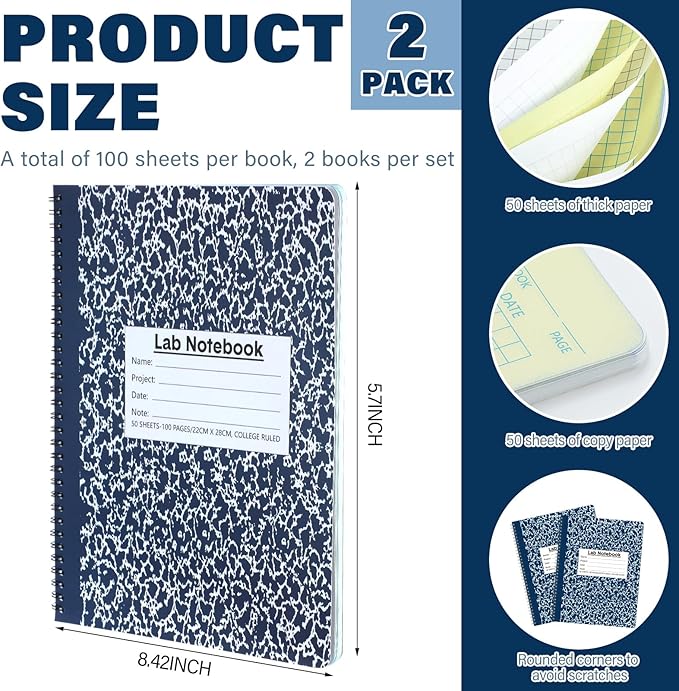 Affrolling 2 Pack Carbonless Lab Notebook Carbon Copy 8.5'' x 11'' 50 Set of Pages 100 Pages Total Laboratory Engineering Chemistry Computation Notebook Science Grid Total Coil Binding(Blue and White)