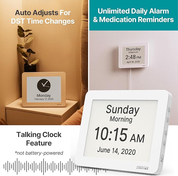 American Lifetime New 2026 Dementia Clock Large Digital Clock for Seniors, Alzeimer Clock Large Display with Custom Alarms, Clock with Day & Date for Elderly, Digital Calendar Premium White Pro
