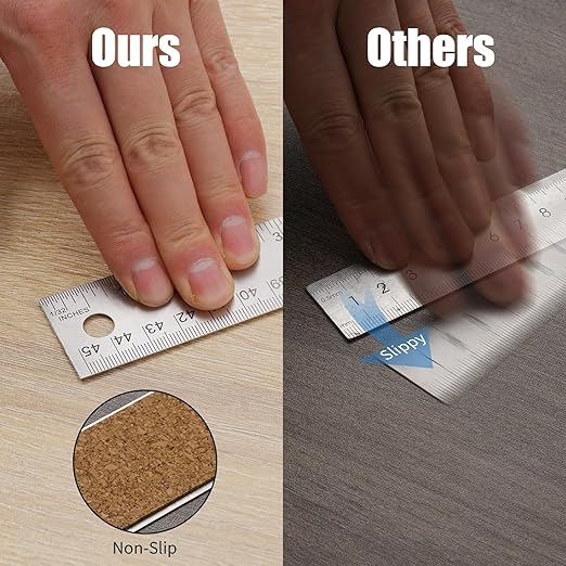 Metal Ruler with Cork Backing, 12+18 Inch Stainless Steel Rulers 12 Inch 18 inch Metal Ruler - Imperial and Metric - Non-Slip Prevent Ink Leakage - for School Office Engineering Tools
