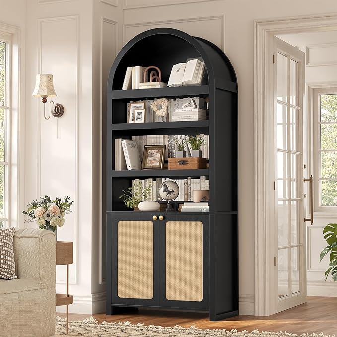 81" Tall Arched Cabinets,Bookcase with storage,Mid-Century Modern 6-Tier Bookshelf with Door,2 Book Risers and Adjustable Shelves offering more storage space for Living Room,Home Office,Black+Oak