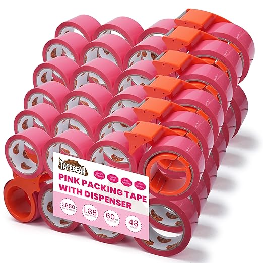 TAPEBEAR 48Rolls Pink Packing Tape with 12 Dispensers, 1.88 Inch x 60 Yards Packaging Tape Refills, Cute Decorative Moving Tape for Boxes, Shipping and Sealing